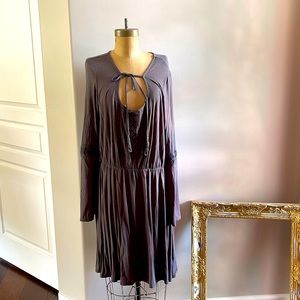 Boho style grey dress with long sleeves. embroidered detail on sleeves, bodice